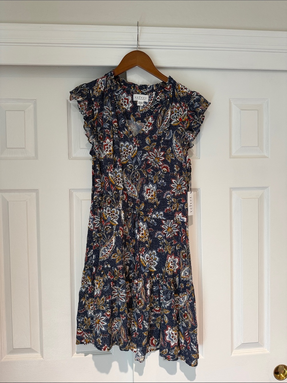 Velvet Floral Paisley Navy and Mustard Tiered Midi Dress